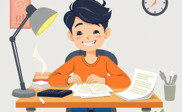 A person happily working on a budget at their desk.