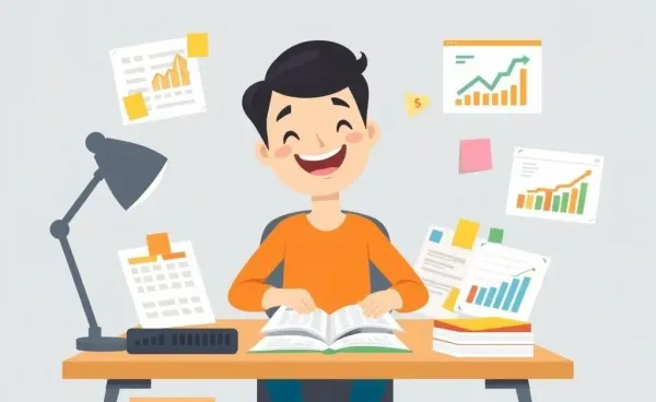 Cartoon of person planning a budget at a desk with charts and notes
