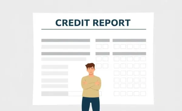 A person standing in front of a large blank credit report, eager to start building credit.