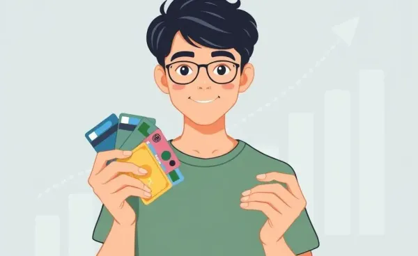 Teen confidently holding secured credit cards with growth chart in background