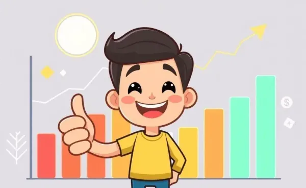 A happy person reviewing financial graphs and savings progress.