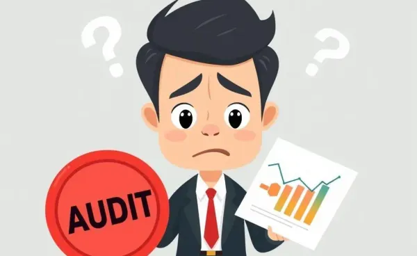 A businessperson in front of a chart with a red audit sign