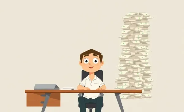 A hopeful entrepreneur surrounded by bills and business plans