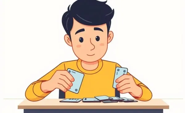 Person sorting through business credit cards on a desk
