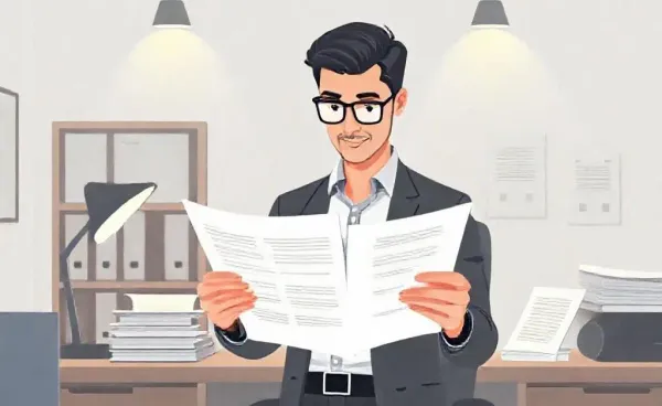 A business owner reviews an E&O insurance policy surrounded by paperwork.