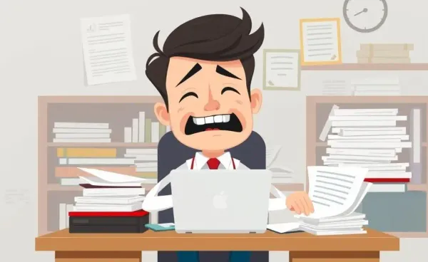 Loan officer looking amused and stressed at a cluttered desk
