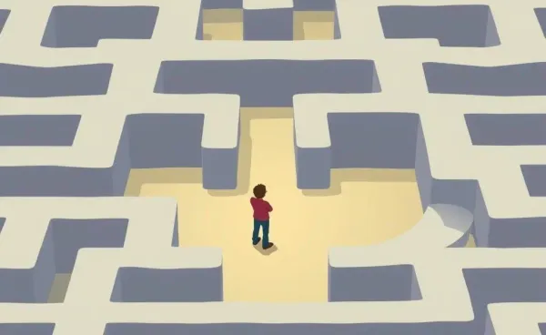 A person at a maze intersection pondering directions to symbolize buyer's remorse and decision-making.