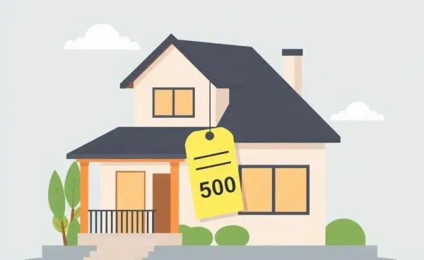 Illustration of a home with a reduced price tag, symbolizing a bargain.