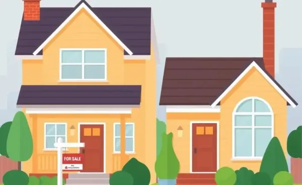 Two neighboring houses with one having a 'For Sale' sign