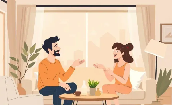 Couple discussing their new home purchase in a living room