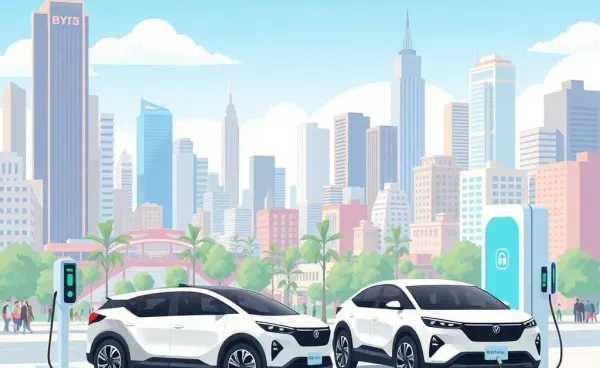 Illustration of an electric vehicle charging station with BYD cars