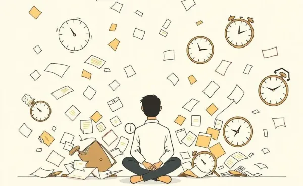 Person finding calm surrounded by chaotic elements like papers and clocks