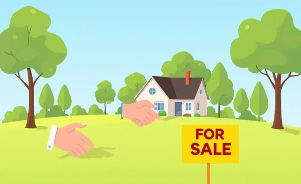 Illustration of a property landscape with a 'For Sale' sign and handshake.
