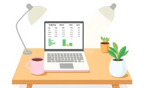 Cozy desk with a budgeting spreadsheet on a laptop