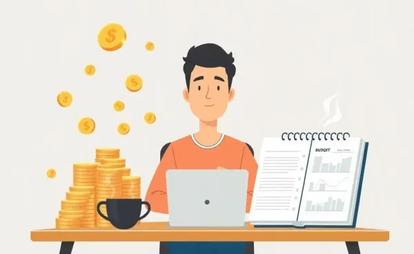 A person budgeting peacefully with coins and planner on the desk