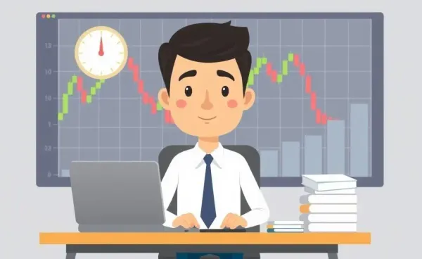 Cartoon of a calm businessperson with a stock chart.