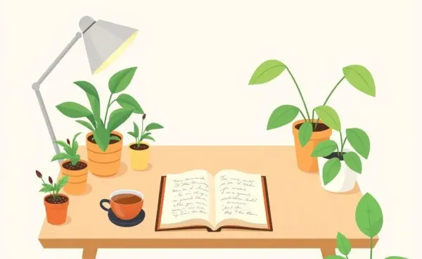 A peaceful desk setup with a journal, plants, and a cup of tea in a cartoon-style.