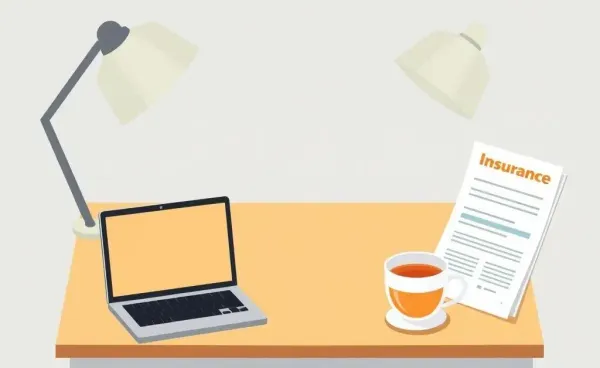 A serene desk setup with a laptop, insurance documents, and a cup of tea.
