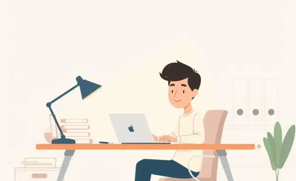 A calm person managing their email at an organized desk