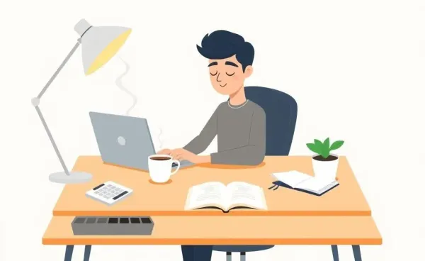 A calm scene of finance management with a desk setting including a laptop, coffee, and a notebook.