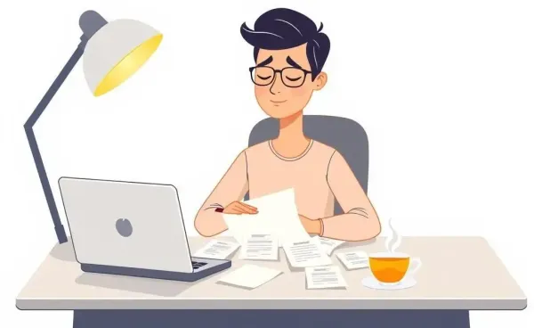 A person managing finances calmly at a desk with papers, a laptop, and a cup of tea