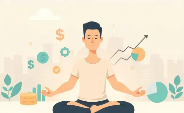 Person meditating with financial symbols in a calm cartoon style