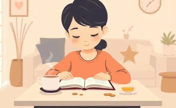 A calm person calculating finances with a notebook and a cup of tea on a table.