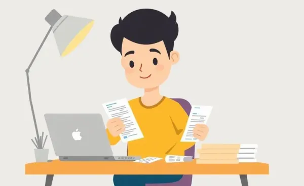 A cartoon depicting a person managing their finances calmly at a desk