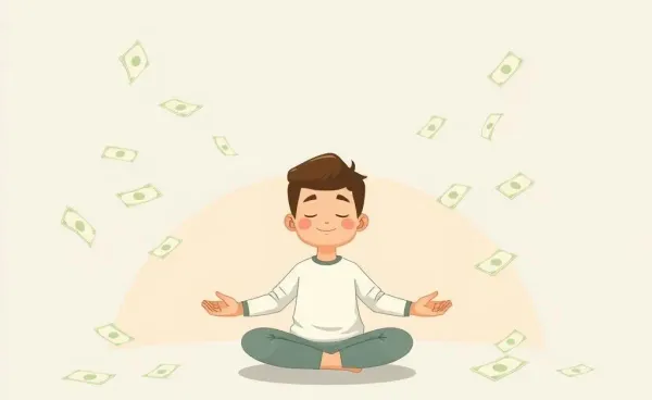 A cartoon-style image of a person meditating peacefully surrounded by bills and financial documents