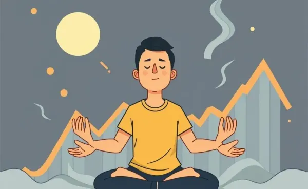 Calm person meditating amidst a stormy financial graph