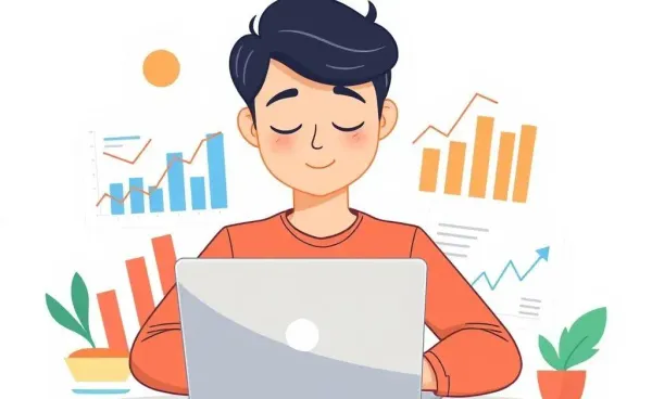 A person calmly organizing finances with a laptop and charts