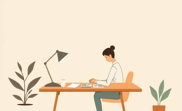 A person organizing financial documents at a desk, conveying calm clarity.