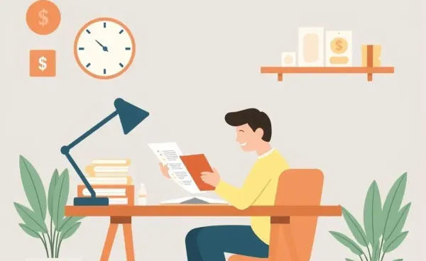 A person calmly reviewing their finances at a desk
