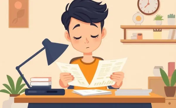 A person calmly reviewing financial documents at a cozy desk