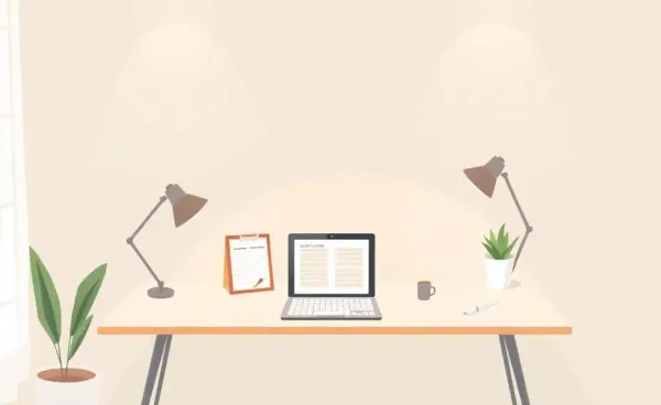 A peaceful home office setup with a laptop and budget planner