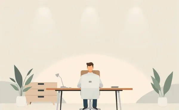 A calm insurance agent sitting at their desk in an office setting reviewing documents.