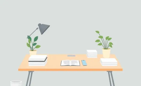 A serene home office desk with insurance documents and a plant.