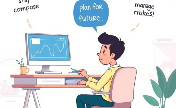 A person analyzing a financial chart with reminders to stay calm and balance risks.