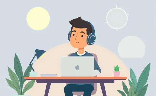 Person at a desk with headphones on, surrounded by calming elements, symbolizing focus in investing.