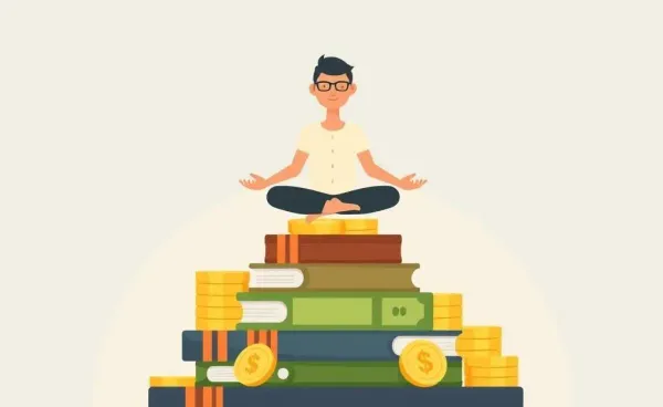 Serene person meditating on stocks and coins