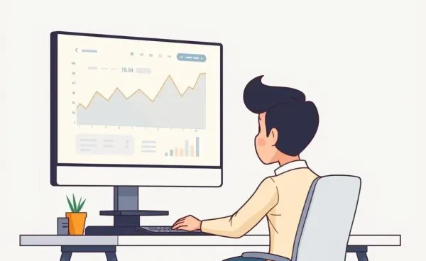 A person analyzing market trends on a computer screen with a calm expression