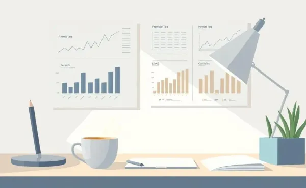 A peaceful desk setting with financial charts and a cup of herbal tea