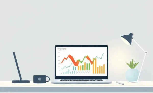 A calm workspace setup with a laptop displaying financial charts.