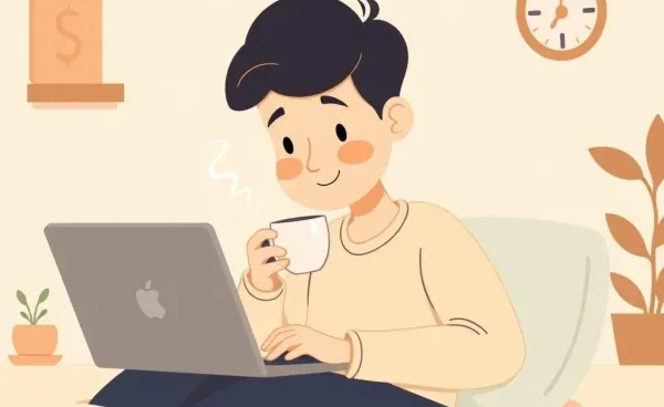 A person looking calmly at stock data on a laptop over a cup of tea.