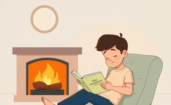 A person calmly reading an investment book by a fireplace