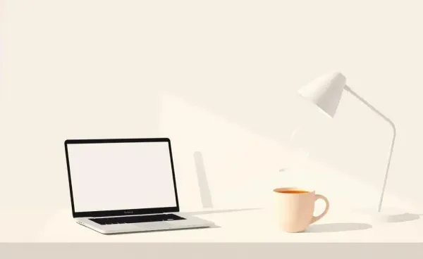 A cozy and minimalist office desk with a laptop and a cup of tea.