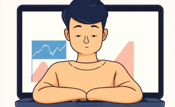 A calm person viewing a fluctuating stock chart on a laptop screen
