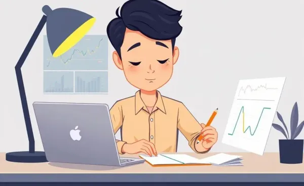 Cartoon of a calm investor analyzing stock charts on a desk