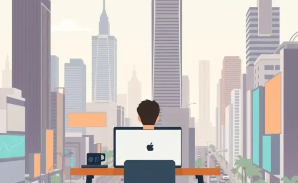 An individual analyzing stock trends on a laptop with a cityscape background