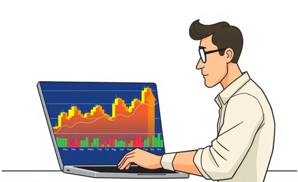 A calm investor observing a bustling stock market chart on a laptop